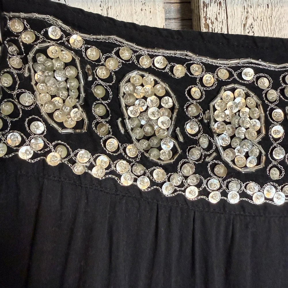 VTG‎ Kaktus Boho Black Midi Broom Skirt size XL Sequin Beaded Hippie Festival